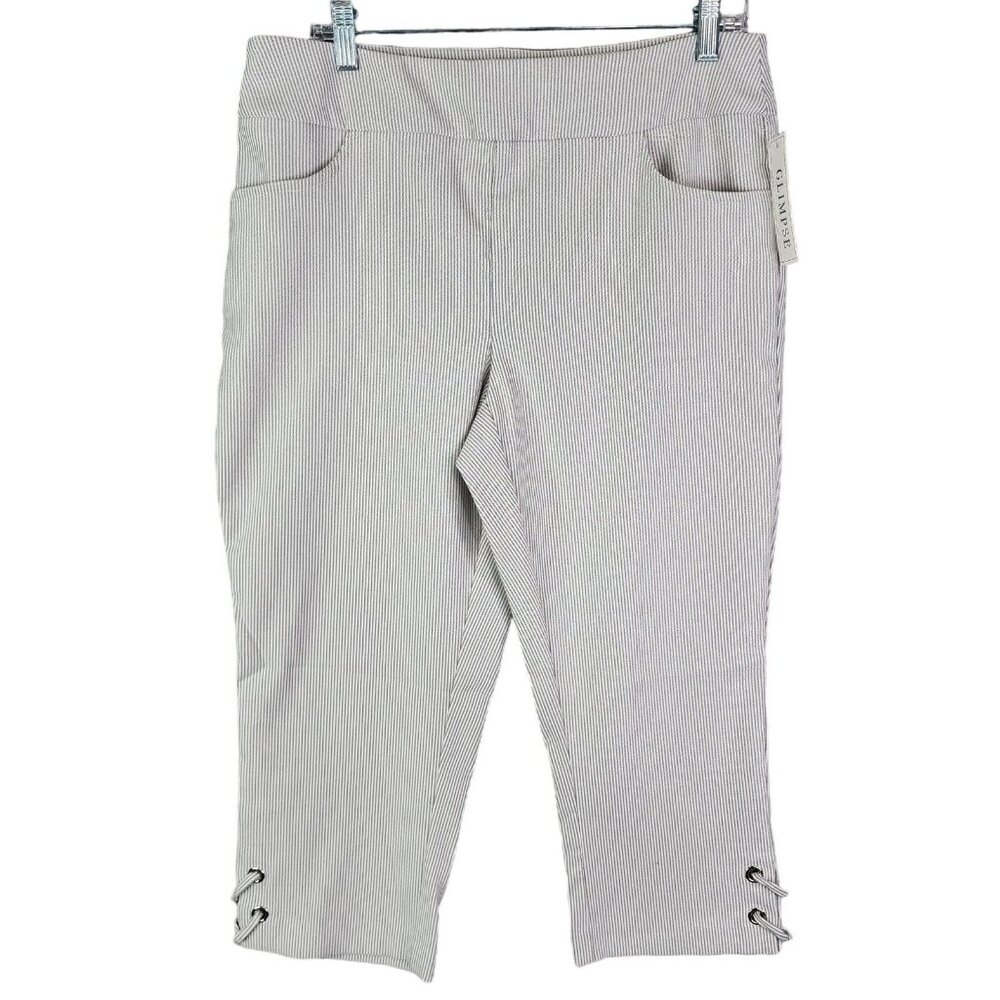 Womens Grey & White Striped Glimpse Capri Pants Straight Hi Rise Size L